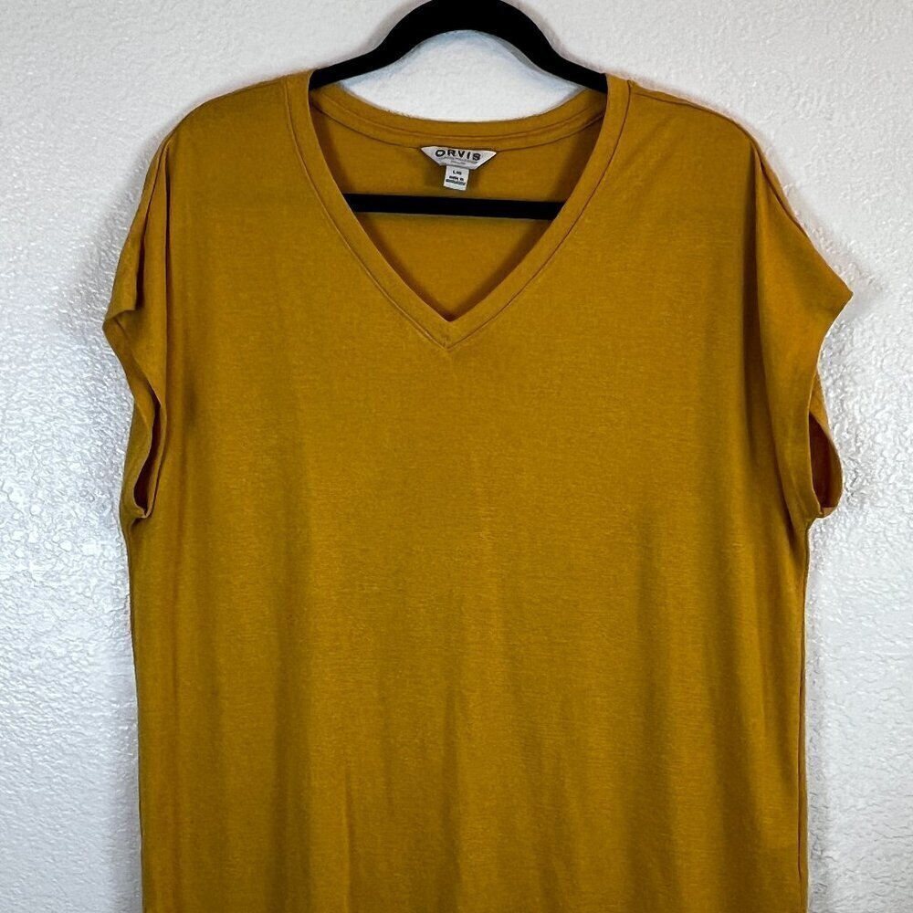 Orvis‎ Shirt Womens Large Mustard Super Soft Stretch Flowy V Neck Step Hem